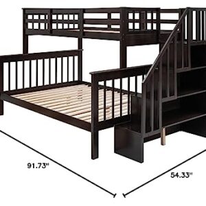 ERDAYE Stairway Twin-Over-Full Bunk Bed Frame with Storage Shelf and Guard Rail Can Be Converted into 2 Bedsteads for Bedroom Guest Room, Espresso