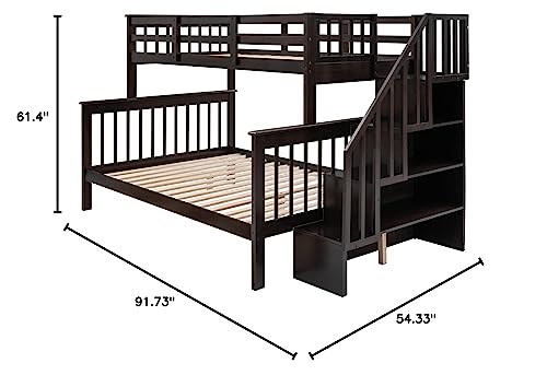 ERDAYE Stairway Twin-Over-Full Bunk Bed Frame with Storage Shelf and Guard Rail Can Be Converted into 2 Bedsteads for Bedroom Guest Room, Espresso