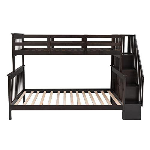 ERDAYE Stairway Twin-Over-Full Bunk Bed Frame with Storage Shelf and Guard Rail Can Be Converted into 2 Bedsteads for Bedroom Guest Room, Espresso