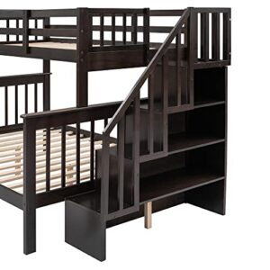 ERDAYE Stairway Twin-Over-Full Bunk Bed Frame with Storage Shelf and Guard Rail Can Be Converted into 2 Bedsteads for Bedroom Guest Room, Espresso