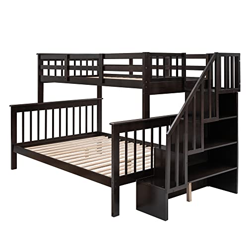 ERDAYE Stairway Twin-Over-Full Bunk Bed Frame with Storage Shelf and Guard Rail Can Be Converted into 2 Bedsteads for Bedroom Guest Room, Espresso