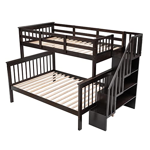 ERDAYE Stairway Twin-Over-Full Bunk Bed Frame with Storage Shelf and Guard Rail Can Be Converted into 2 Bedsteads for Bedroom Guest Room, Espresso