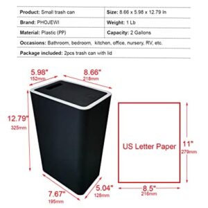 PHOJEWI Small Bathroom Trash Can with Lid, 2 Packs 2 Gallon Dog Proof Trash Can Black Wastebasket Slim Plastic Trash Can for Bedroom Office Kitchen Garbage Can