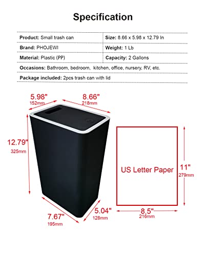 PHOJEWI Small Bathroom Trash Can with Lid, 2 Packs 2 Gallon Dog Proof Trash Can Black Wastebasket Slim Plastic Trash Can for Bedroom Office Kitchen Garbage Can