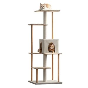 mwpo modern cat tree - 63-inch luxury wood cat tower for indoor cats, large perches with soft cushions, cat condo for large cats with scratching posts - beige