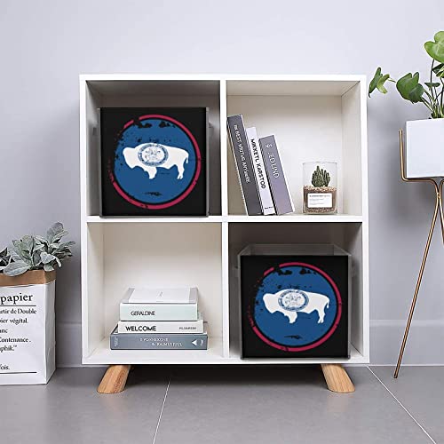 Distressed Wyoming State Flag Storage Bins Cubes Foldable Fabric Organizers with Handles Clothes Bag Book Box Toys Basket for Shelves Closet 10.6"