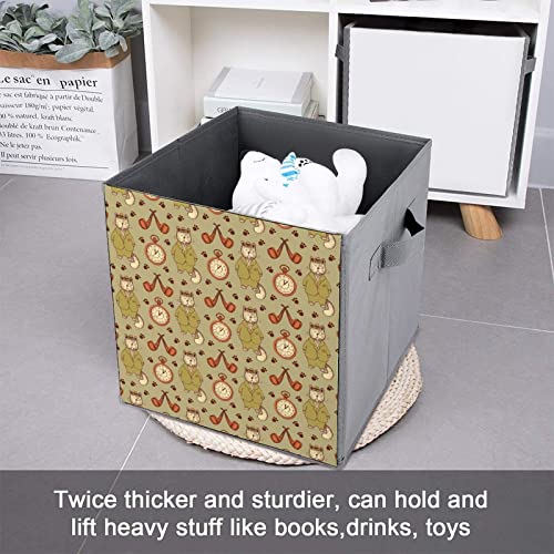 Cat in Suit Pipe Storage Bins Cubes Foldable Fabric Organizers with Handles Clothes Bag Book Box Toys Basket for Shelves Closet 10.6"