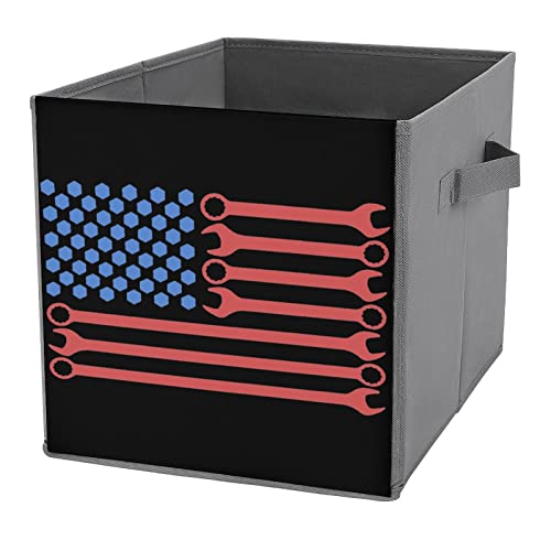 Wrench American Flag Storage Bins Cubes Foldable Fabric Organizers with Handles Clothes Bag Book Box Toys Basket for Shelves Closet 10.6"