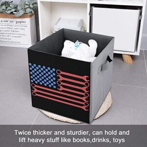 Wrench American Flag Storage Bins Cubes Foldable Fabric Organizers with Handles Clothes Bag Book Box Toys Basket for Shelves Closet 10.6"