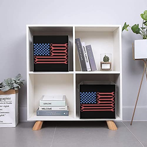 Wrench American Flag Storage Bins Cubes Foldable Fabric Organizers with Handles Clothes Bag Book Box Toys Basket for Shelves Closet 10.6"