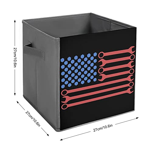 Wrench American Flag Storage Bins Cubes Foldable Fabric Organizers with Handles Clothes Bag Book Box Toys Basket for Shelves Closet 10.6"