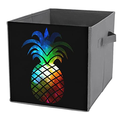 Galaxy Pineapple Storage Bins Cubes Foldable Fabric Organizers with Handles Clothes Bag Book Box Toys Basket for Shelves Closet 10.6"