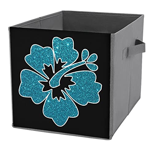 Glitter Hibiscus Storage Bins Cubes Foldable Fabric Organizers with Handles Clothes Bag Book Box Toys Basket for Shelves Closet 10.6"