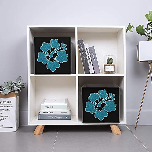 Glitter Hibiscus Storage Bins Cubes Foldable Fabric Organizers with Handles Clothes Bag Book Box Toys Basket for Shelves Closet 10.6"