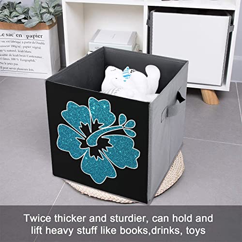 Glitter Hibiscus Storage Bins Cubes Foldable Fabric Organizers with Handles Clothes Bag Book Box Toys Basket for Shelves Closet 10.6"