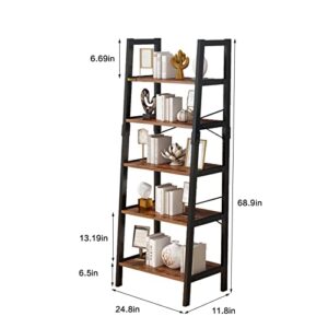 YQ JENMW 5-Tier Bookshelf, Industrial Bookcase and Storage Rack, Wood Look Accent Furniture with Metal Frame Ladder Shelf 13 x 24.8 x 68.9 Inches, for Living Room, Home Office, Kitchen, Bedroom