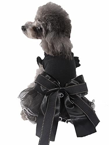 QWINEE Elegant Party Dog Dress Bow Decor Cat Dress Stretchy Dog Princess Dress Mesh Tutu Puppy Skirt Wedding Christmas New Year Dresses Outfits for Small Medium Large Dogs Cats Kitten Black M