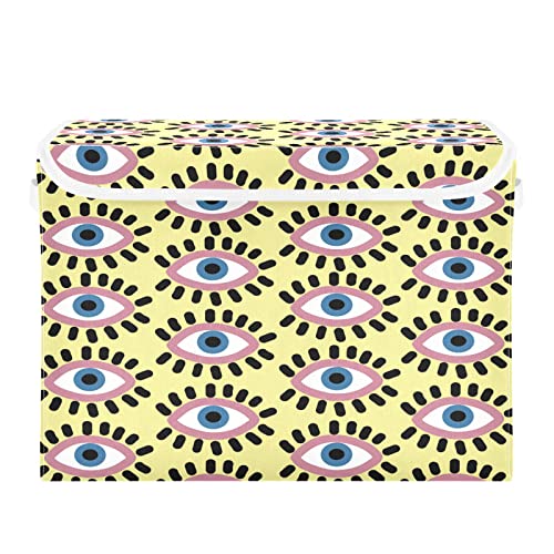 Vnurnrn Collapsible Storage Bins with Lids, Evil Eye Foldable Storage Boxes, Storage Box Cube with Lid for Clothes,Bedroom,Toys,16.5x12.6x11.8 Inch