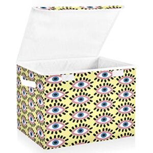 Vnurnrn Collapsible Storage Bins with Lids, Evil Eye Foldable Storage Boxes, Storage Box Cube with Lid for Clothes,Bedroom,Toys,16.5x12.6x11.8 Inch