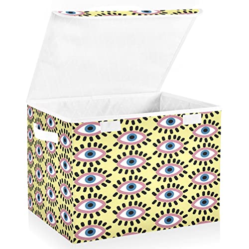 Vnurnrn Collapsible Storage Bins with Lids, Evil Eye Foldable Storage Boxes, Storage Box Cube with Lid for Clothes,Bedroom,Toys,16.5x12.6x11.8 Inch