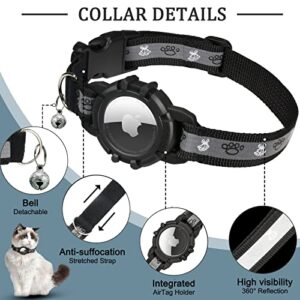 Reflective AirTag Cat Collar, FEEYAR Integrated GPS Cat Collar with Apple Air Tag Holder and Bell, Safety Elastic Band Tracker Cat Collars for Girl Boy Cats, Kittens and Puppies [Black] 9-13 Inch