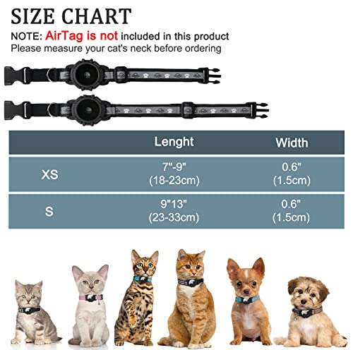 Reflective AirTag Cat Collar, FEEYAR Integrated GPS Cat Collar with Apple Air Tag Holder and Bell, Safety Elastic Band Tracker Cat Collars for Girl Boy Cats, Kittens and Puppies [Black] 9-13 Inch