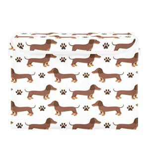 Vnurnrn Collapsible Storage Bins with Lids, Dachshund Dog Paw Print Foldable Storage Boxes, Storage Box Cube with Lid for Clothes,Bedroom,Toys,16.5x12.6x11.8 Inch