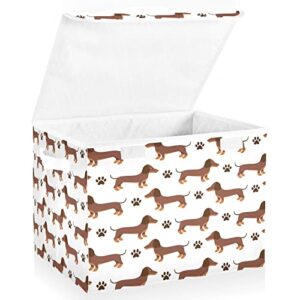 Vnurnrn Collapsible Storage Bins with Lids, Dachshund Dog Paw Print Foldable Storage Boxes, Storage Box Cube with Lid for Clothes,Bedroom,Toys,16.5x12.6x11.8 Inch