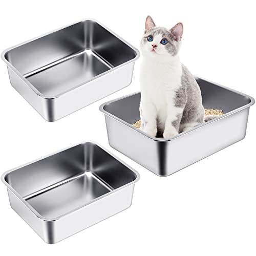 3 Packs Stainless Steel Litter Box, Extra Large Cat Litter Box, Metal Litter Pan with High Sides, Never Absorbs Odor, Non Stick Smooth Surface, Easy to Clean for Cat Bunny(23.6 x 15.7 x 7.9'')