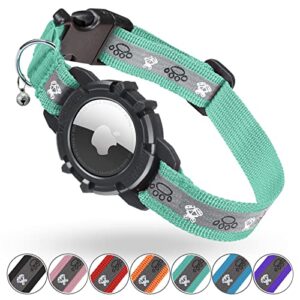 reflective airtag cat collar, feeyar integrated gps cat collar with apple air tag holder and bell, safety elastic band tracker cat collars for girl boy cats, kittens and puppies [green] 7-9 inch