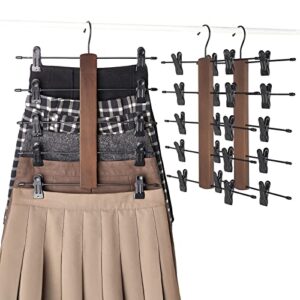 mkono 3 pack pants hangers space saving 5 tier skirt hanger with adjustable clips, wood rubber coated clips clothes hanger for shorts trouser jeans organize 360 swivel multiple closet storage hanger