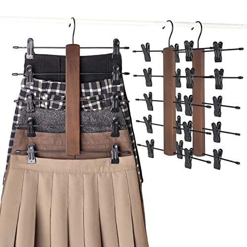 Mkono 3 Pack Pants Hangers Space Saving 5 Tier Skirt Hanger with Adjustable Clips, Wood Rubber Coated Clips Clothes Hanger for Shorts Trouser Jeans Organize 360 Swivel Multiple Closet Storage Hanger