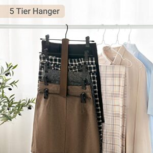 Mkono 3 Pack Pants Hangers Space Saving 5 Tier Skirt Hanger with Adjustable Clips, Wood Rubber Coated Clips Clothes Hanger for Shorts Trouser Jeans Organize 360 Swivel Multiple Closet Storage Hanger