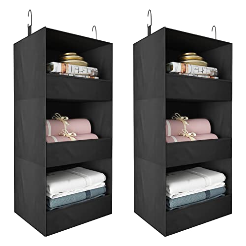 Aikebhc 2 Pack Hanging Closet Organizers and Storage, 3-Shelf Hanging Storage, Collapsible Wardrobe Storage Organizer for Bedroom Bathroom Storage Room RV Camper, Black