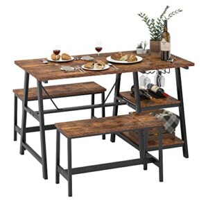 wellynap dining table set 3 piece kitchen table set, 47.2” breakfast table set with 2 benches, lunch table with wine rack and glass holder for kitchen, retro