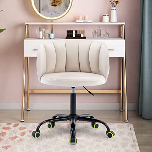 SSLine Elegant Velvet Desk Chair for Girls Women Modern Swivel Office Computer Chair with Black Base Wheels Upholstered Cute Vanity Chair Task Chair w/Tufted Back for Home Study Living Room(Beige)