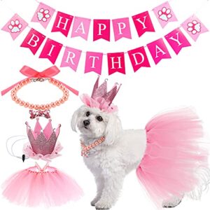 pinkunn 4 pieces cute dog birthday outfit with pet tutu skirt puppy pearl necklace dog crown hat and banner for happy birthday gift puppy dog pet cat birthday party supplies (pink)