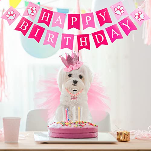 Pinkunn 4 Pieces Cute Dog Birthday Outfit with Pet Tutu Skirt Puppy Pearl Necklace Dog Crown Hat and Banner for Happy Birthday Gift Puppy Dog Pet Cat Birthday Party Supplies (Pink)