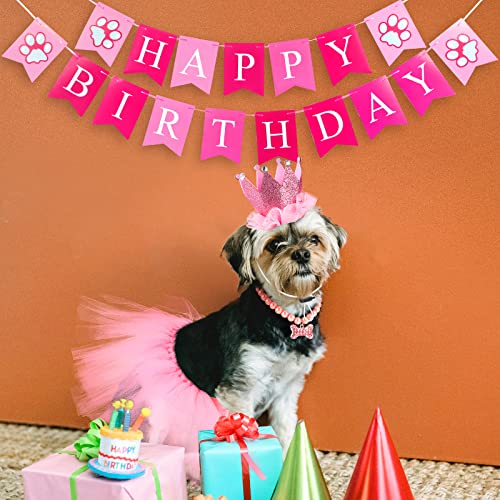 Pinkunn 4 Pieces Cute Dog Birthday Outfit with Pet Tutu Skirt Puppy Pearl Necklace Dog Crown Hat and Banner for Happy Birthday Gift Puppy Dog Pet Cat Birthday Party Supplies (Pink)