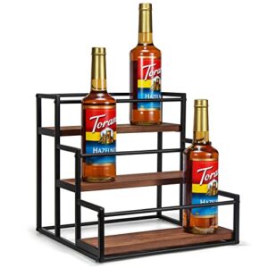 thygiftree syrup bottle holder rack for coffee bar 3-tier coffee syrup organizer stand 12 bottles storage shelves for syrup, wine, dressing for kitchen coffee shop (brown)