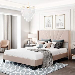 woanke queen size platform bed, velvet upholstered bed frame with headboard, box spring needed, beige