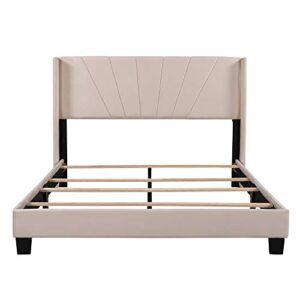 Woanke Queen Size Platform Bed, Velvet Upholstered Bed Frame with Headboard, Box Spring Needed, Beige