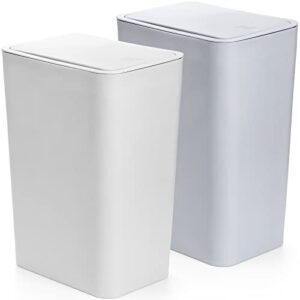 fasmov trash can, 2 pack 15 liter / 4 gallon plastic garbage container bin with press top lid, waste basket for kitchen, bathroom, living room, office, narrow place (white + blue)