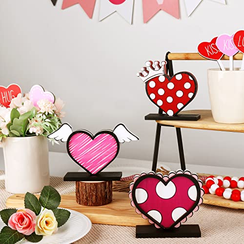 3Pcs Valentines Day Decor Heart Table Decorations Sign, Valentines Day Double-sided Heart Wooden Tiered Tray Decor, Classic Valentines Day Decorations for the Home Table Decor Valentines Day Gifts