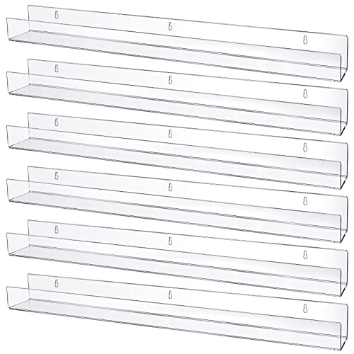 6 Pack Kids Acrylic Floating Bookshelf 36 Inch Clear Wall Ledge Shelf Wall Mounted Clear Spice Rack Toy Storage Wall Shelf Drilling Invisible Display Organizer Shelf for Nursery Room Bathroom Dorm