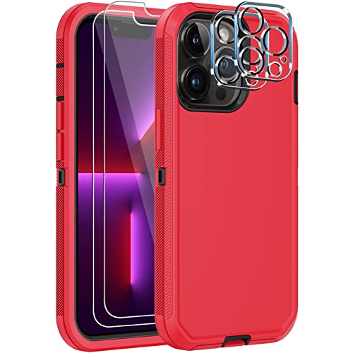 KECAI for iPhone 13 Pro Max Case, with 2X Screen Protector + 2X Camera Lens Protector, Military Grade Dropproof Shockproof Protective Cover, Rugged Durable Case with Port Protection, 6.7''(Red)