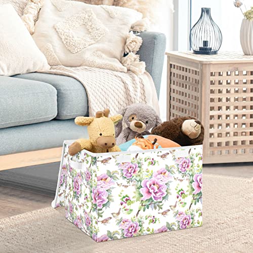 WELLDAY Purple Flowers Birds Storage Baskets Foldable Cube Storage Bin with Lids and Handle, 16.5x12.6x11.8 In Storage Boxes for Toys, Shelves, Closet, Bedroom, Nursery