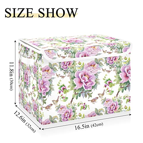 WELLDAY Purple Flowers Birds Storage Baskets Foldable Cube Storage Bin with Lids and Handle, 16.5x12.6x11.8 In Storage Boxes for Toys, Shelves, Closet, Bedroom, Nursery