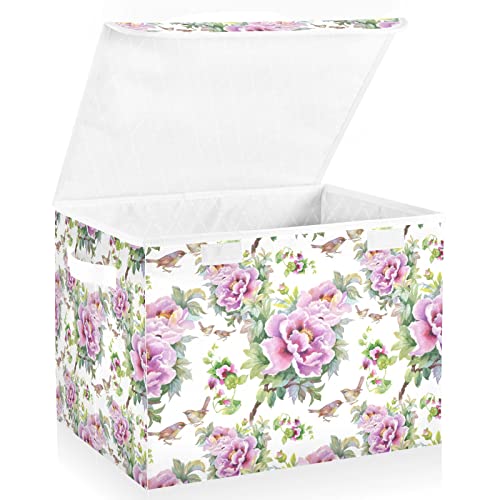 WELLDAY Purple Flowers Birds Storage Baskets Foldable Cube Storage Bin with Lids and Handle, 16.5x12.6x11.8 In Storage Boxes for Toys, Shelves, Closet, Bedroom, Nursery