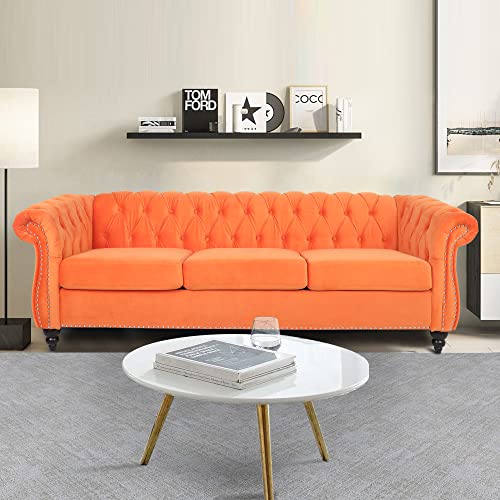 AVZEAR 3 seat Sofa, Velvet Sofa Living Room Sofa Large Sofa Modern Chesterfield Fabric Modern 3 Seater Couch Furniture Classic Tufted Chesterfield Settee Sofa, Orange